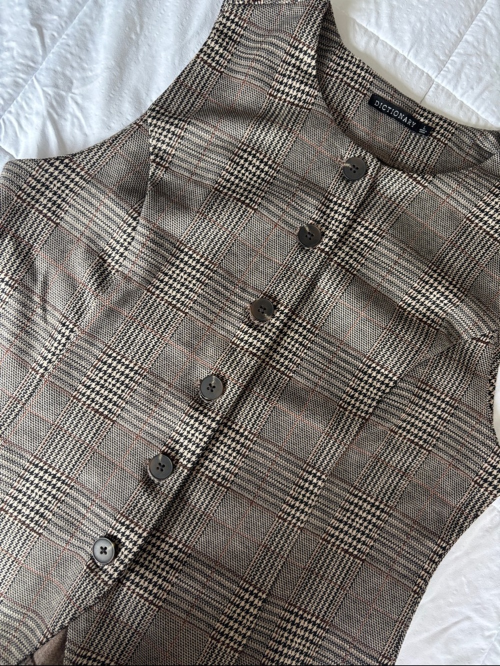 Dictionary Plaid Button-Front Tunic Vest in Brown - Picture 2 of 7